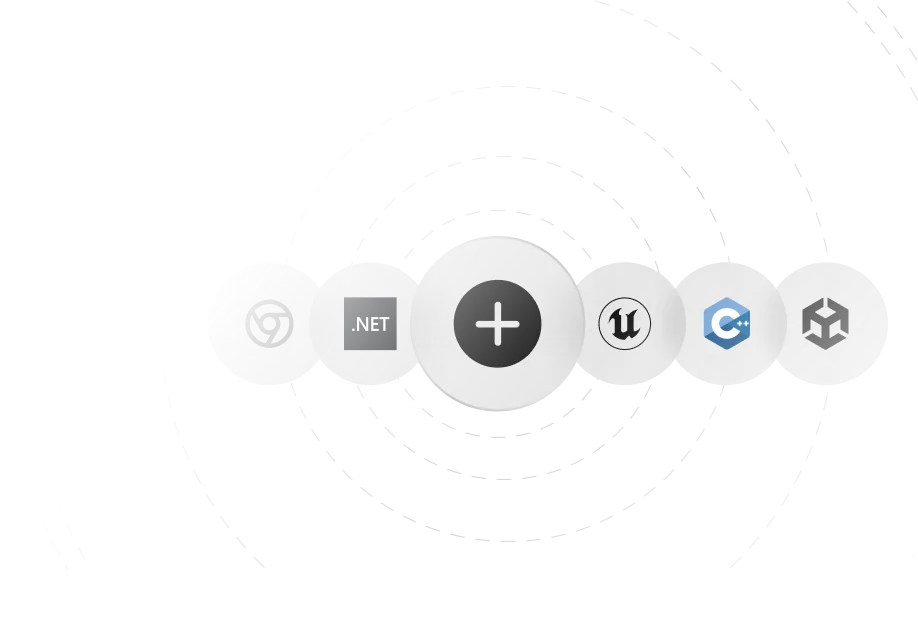 Diagram showing a central plus symbol surrounded by icons for .NET, Unity, Unreal, C++, and web platforms, representing the multi-screen experiences and integration with B2B workflows.
