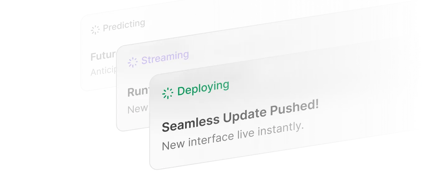UI mockups showing Predicting, Streaming, and Deploying states, illustrating seamless reactive updates.