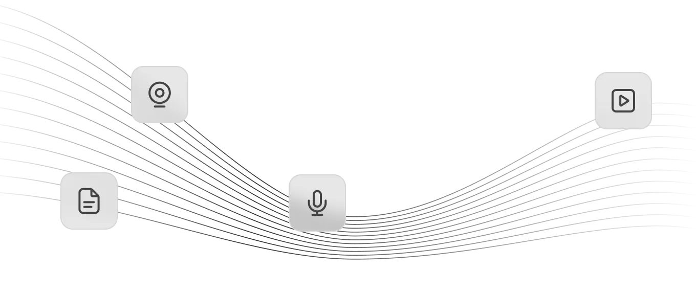 Flowing lines with document, camera, mic, and video icons showing dynamic AI pipelines streamlining workflows.